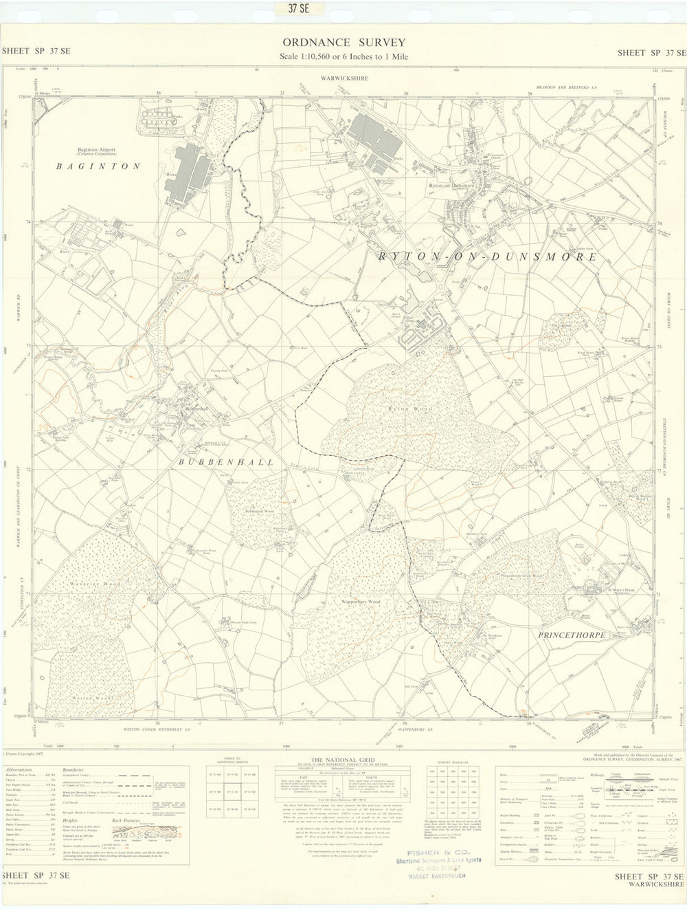 Ordnance Survey SP37SE Coventry Ryton on Dunsmore Bubbenhall Baginton 1967 map