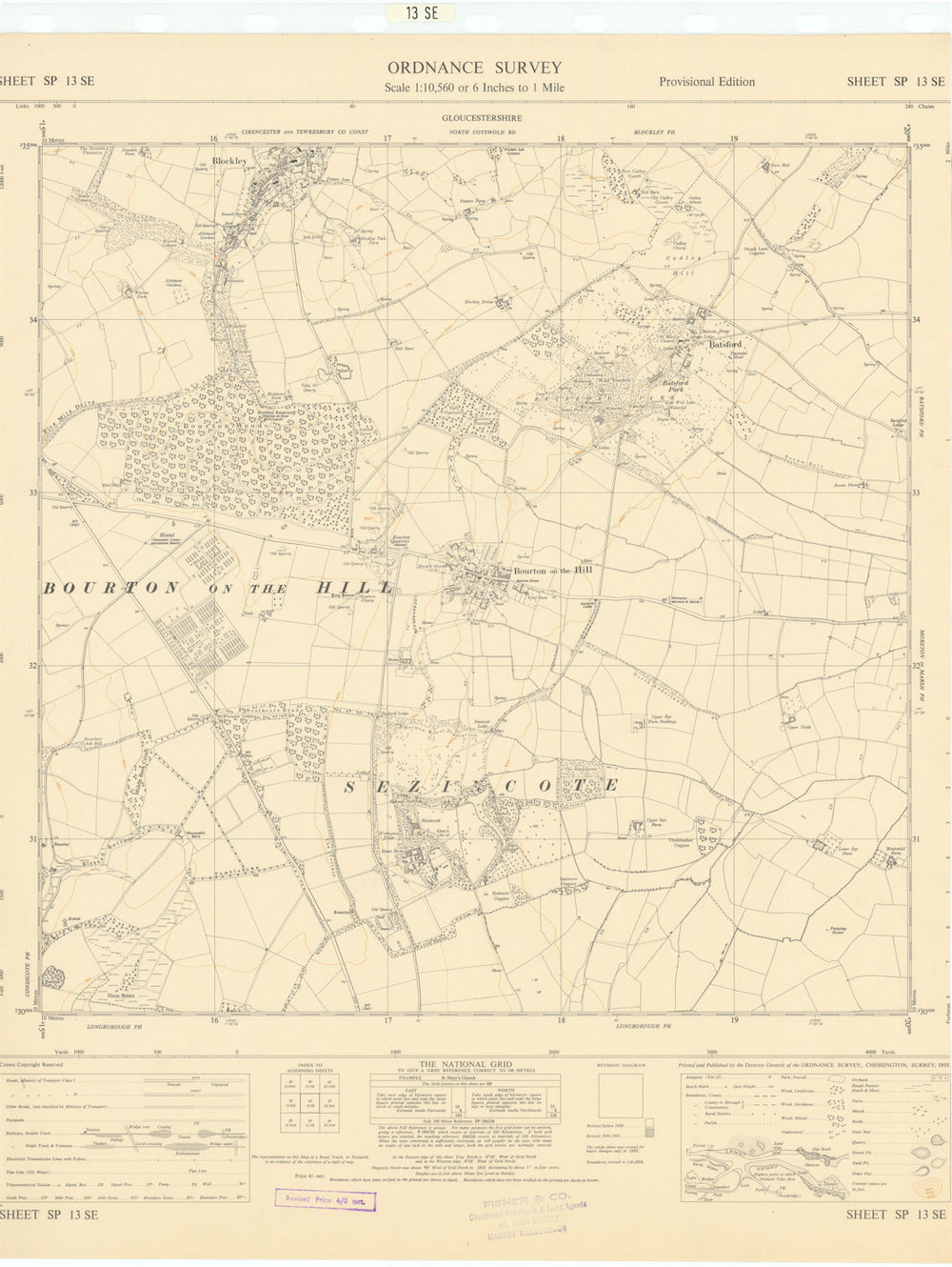 Ordnance Survey SP13SE Cotswolds Bourton-on-the-Hill Blockley Batsford 1955 map
