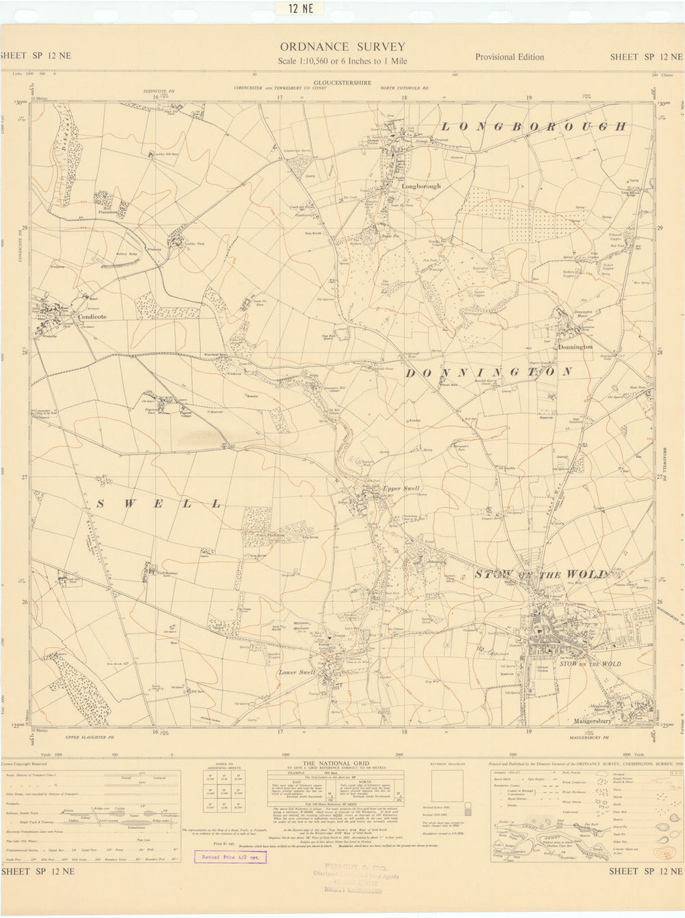 Ordnance Survey SP12NE Cotswolds Stow-on-the-Wold Longborough Swell 1955 map