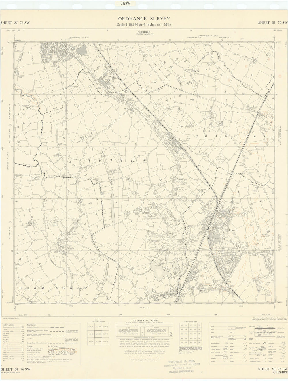 Ordnance Survey Sheet SJ76SW Cheshire Elworth Middlewich Warmingham 1969 map