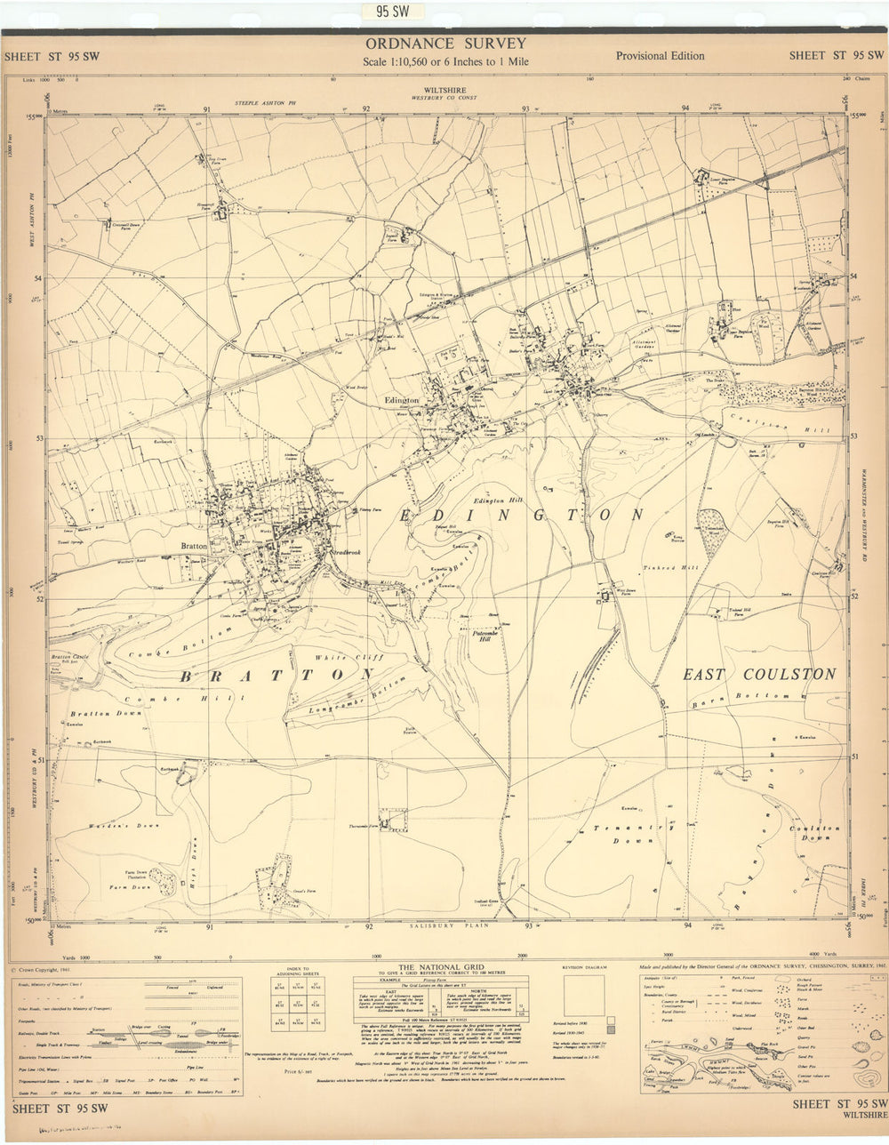 Ordnance Survey Sheet ST95SW Wiltshire Edington Bratton 1961 old vintage map