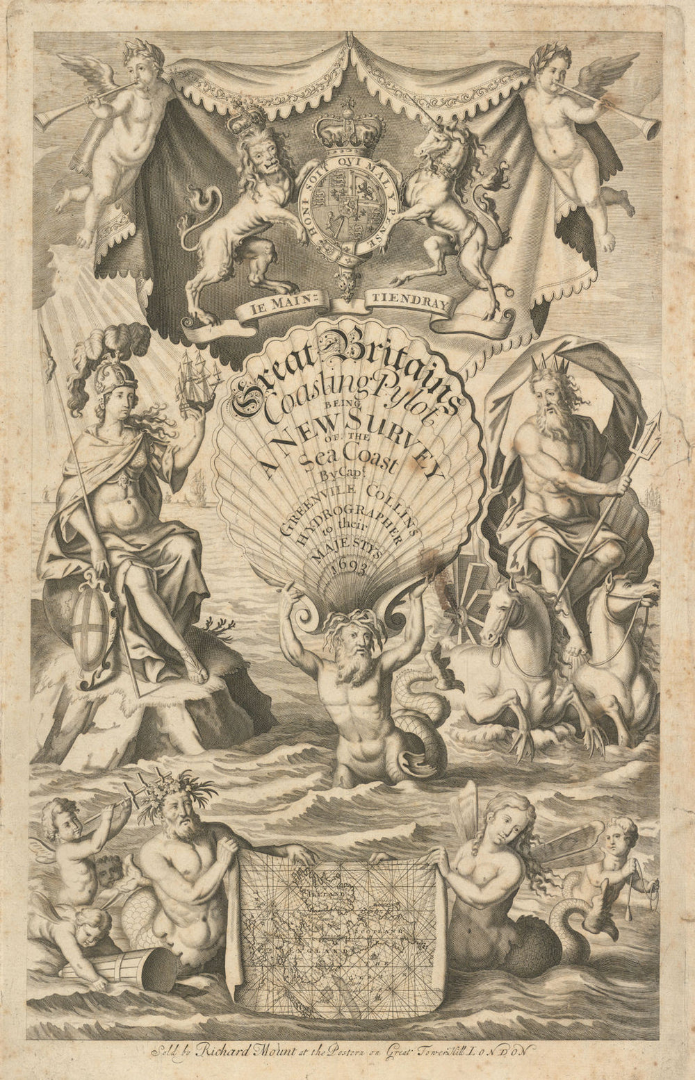 Great Britain's Coasting Pilot decorative title page. Capt G COLLINS 1693