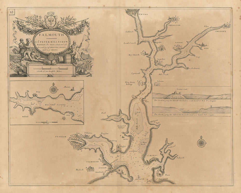 FALMOUTH, Carrick Roads & Helford River sea chart. Truro. COLLINS 1693 old map