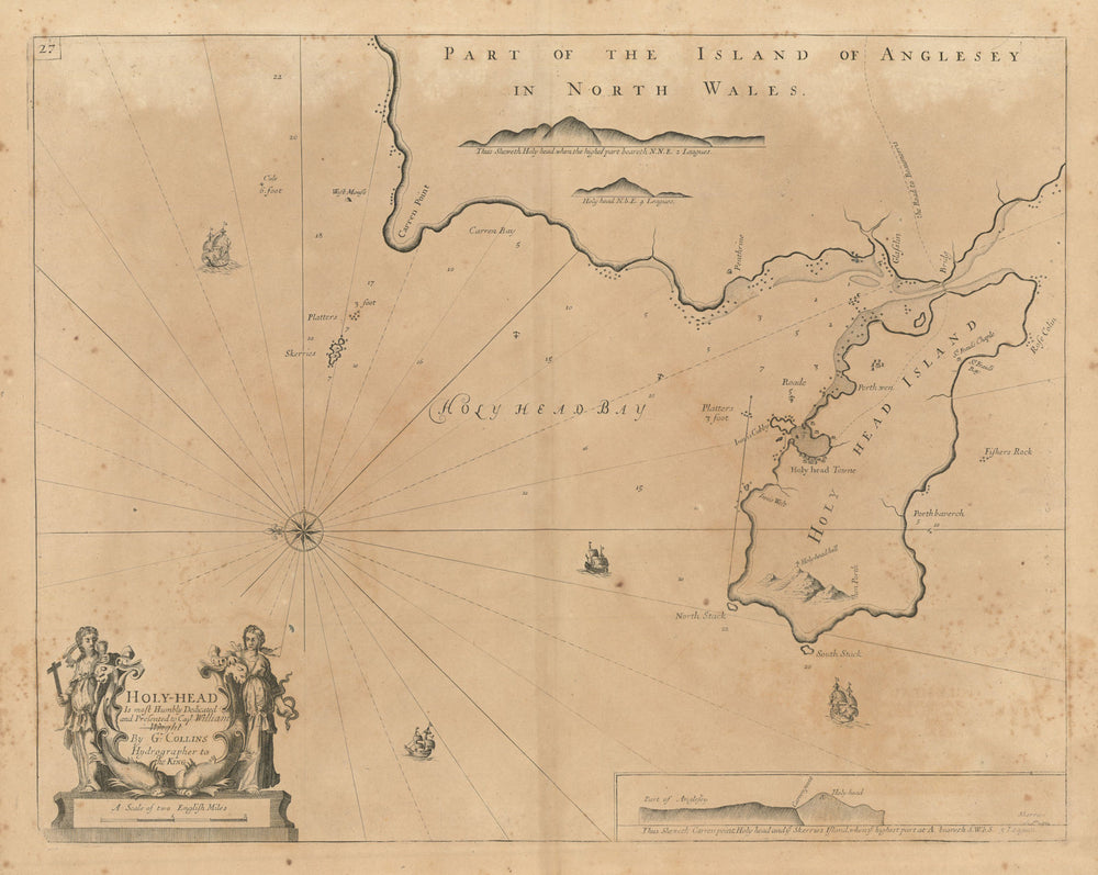 Holy-Head sea chart. Holy Island & HOLYHEAD, Anglesey. Capt. COLLINS 1693 map