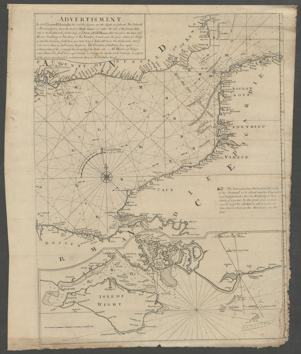 English Channel East. Isle of Wight Sussex Kent Normandy coasts. MOUNT 1702 map