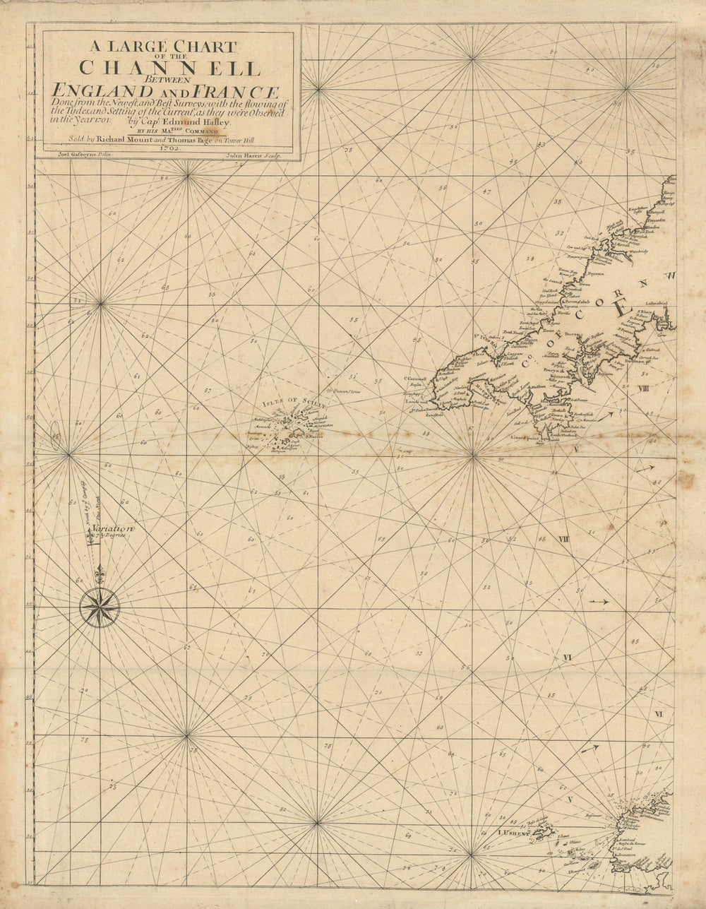 Channell between England & France. West sheet. Cornwall Scillies. MOUNT 1702 map