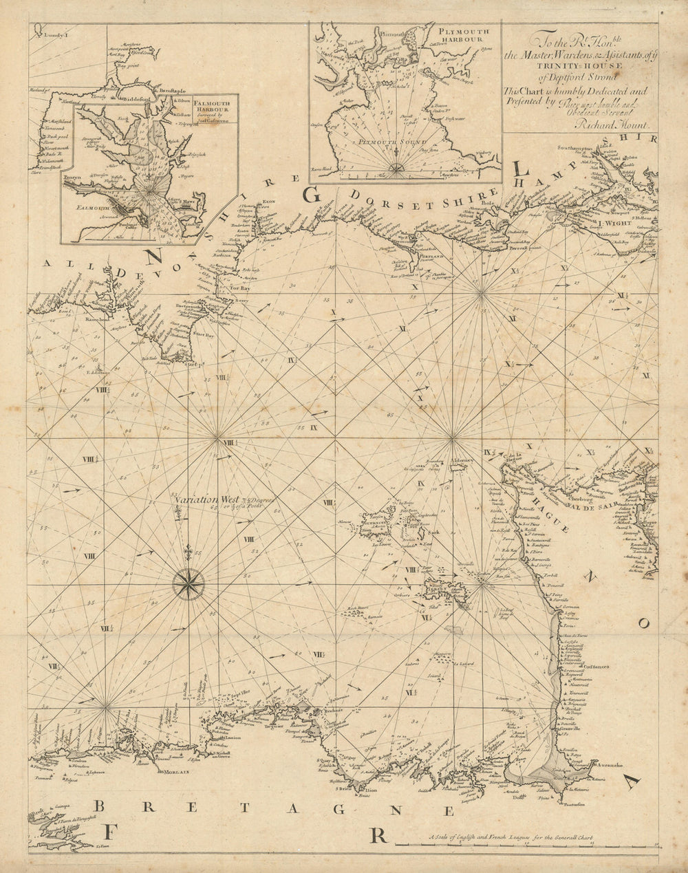 English Channel Islands Devon Dorset Brittany Plymouth Falmouth MOUNT 1702 map