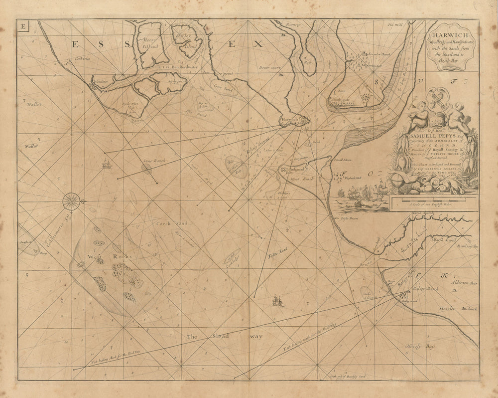 HARWICH, Orwell, Stour, Deben & Hamford Water sea chart. COLLINS 1693 old map