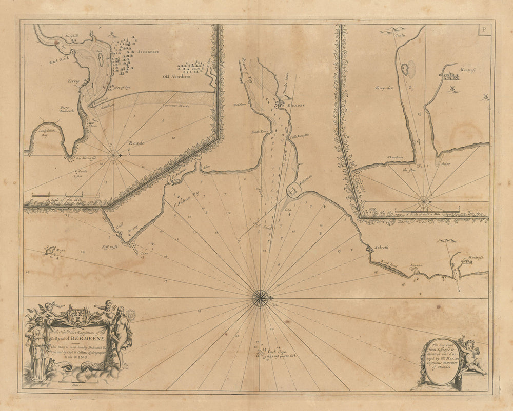 Approaches to ABERDEEN, DUNDEE & MONTROSE sea chart. Tay. COLLINS 1693 old map