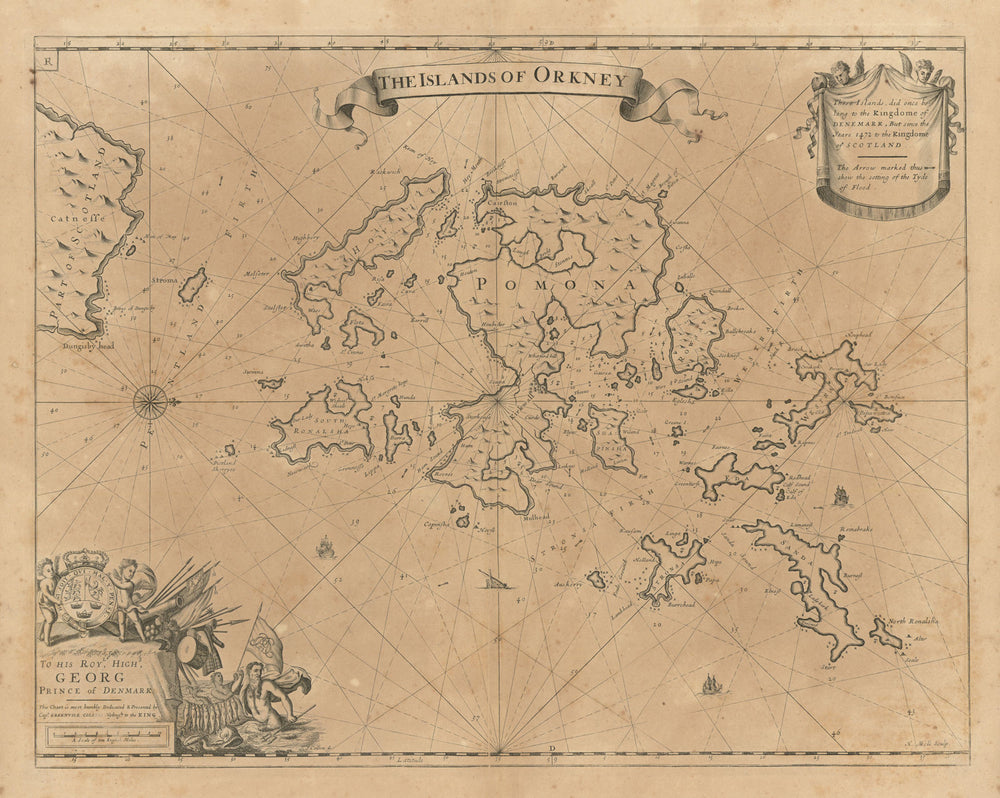 The Islands of Orkney sea chart by Capt G. COLLINS. Pomona Hoy &c 1693 old map