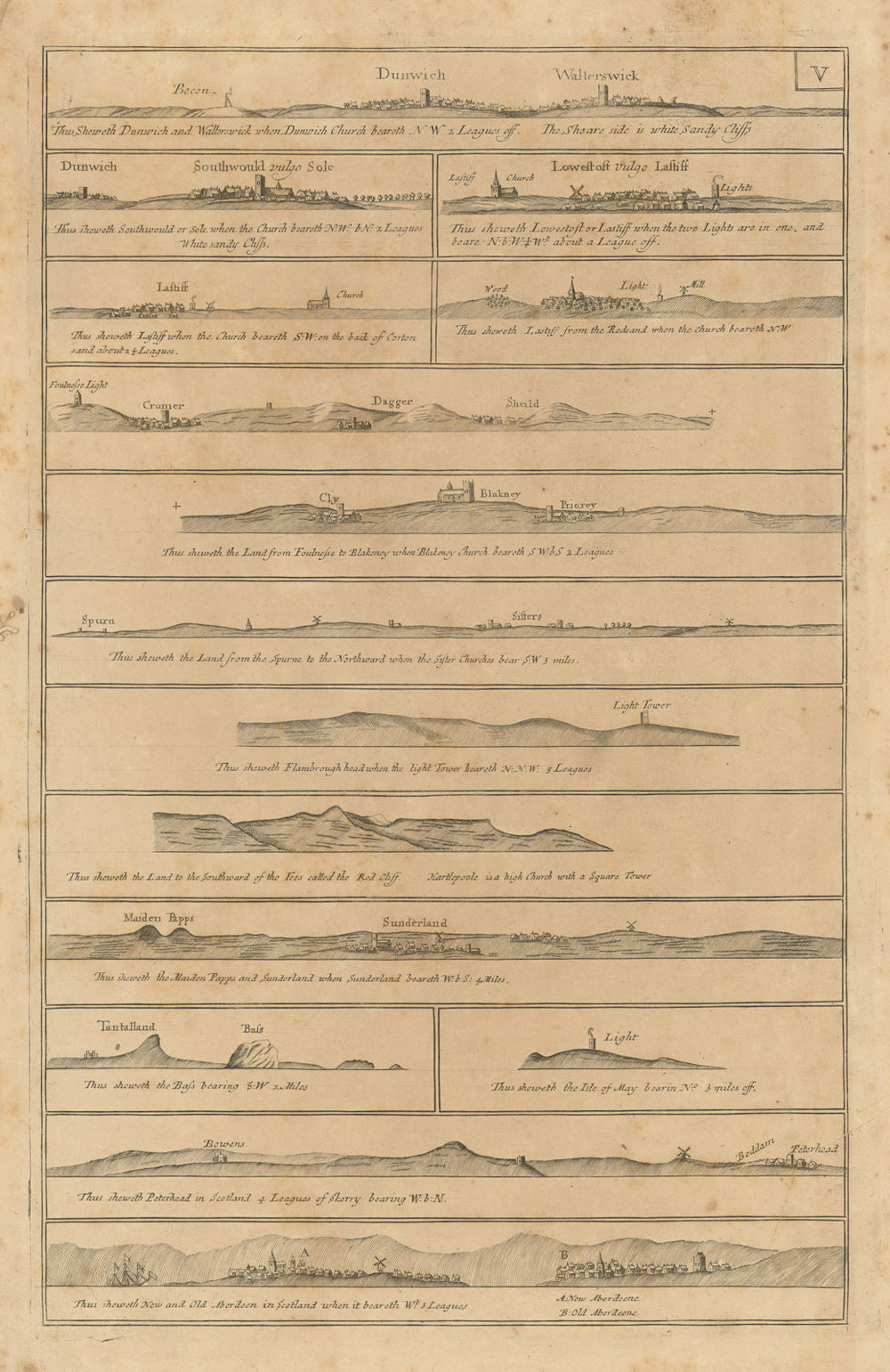 GB EAST COAST PROFILES. Norfolk Sunderland Aberdeenshire. COLLINS 1693 old map