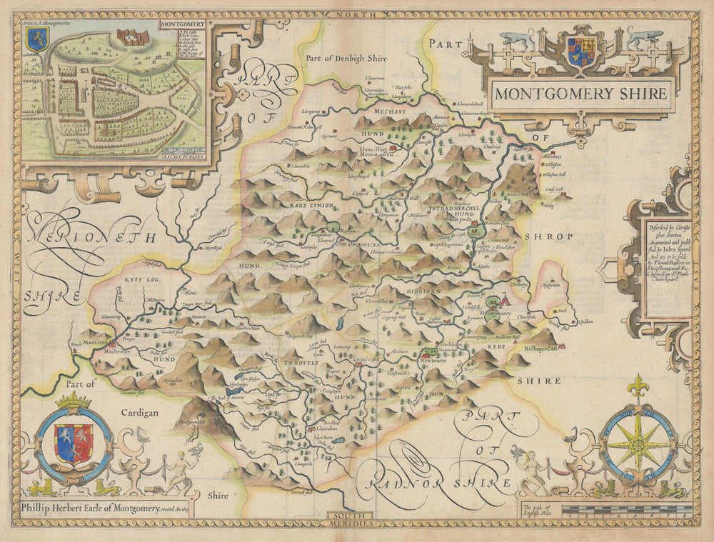 Montgomeryshire county map by John Speed. Bassett & Chiswell edition 1676