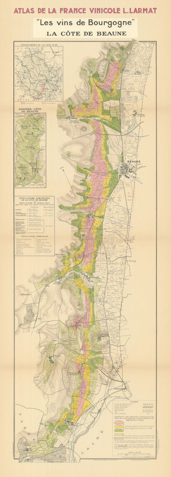 BURGUNDY BOURGOGNE WINE MAP La Côte de Beaune. Vineyards vignobles. LARMAT 1942
