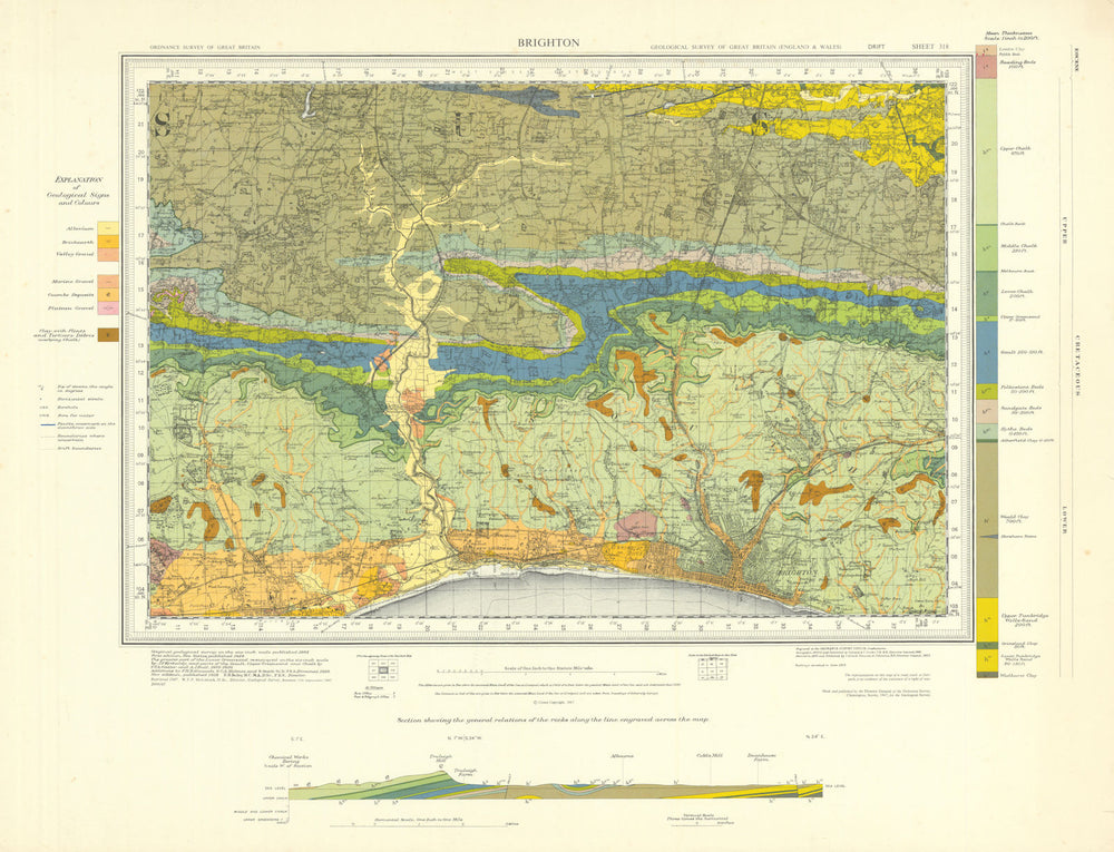 Brighton. Geological survey map. Sheet 318. Sussex Shoreham South Downs 1967