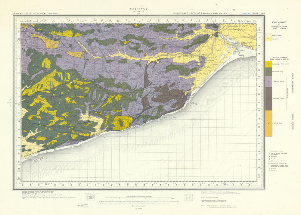 Hastings. Geological survey map. Sheet 320. Sussex Bexhill Rye High Weald 1962