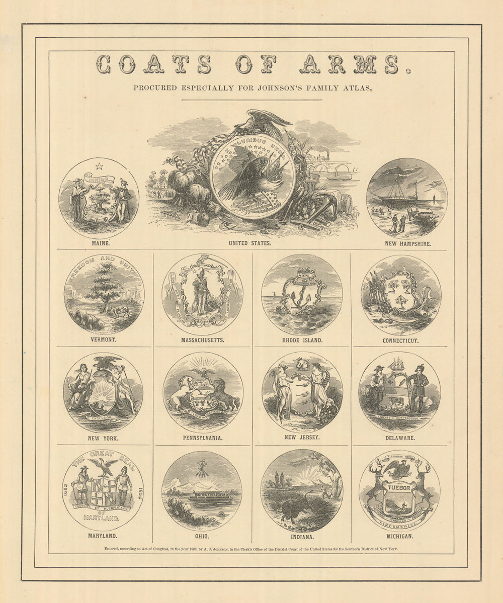 US States Coats of Arms. ME NH VT MA RI CT NY PA NJ DE MD OH IN MI 1866 print