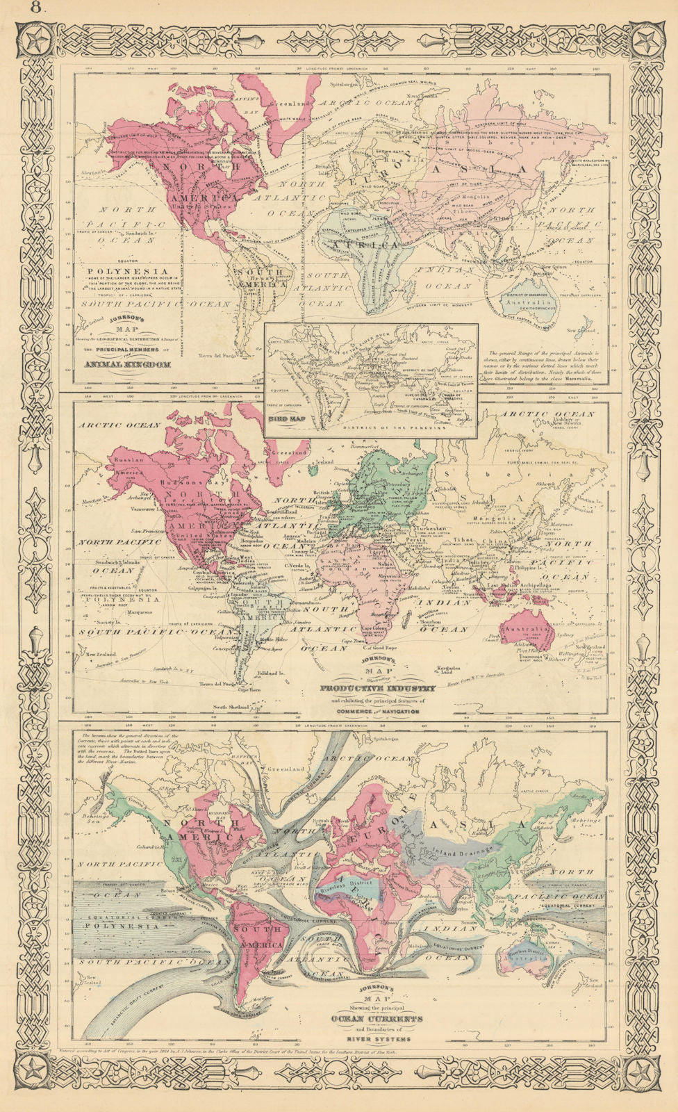 World. Animals Birds Industries Ocean Currents Watersheds. JOHNSON 1866 map