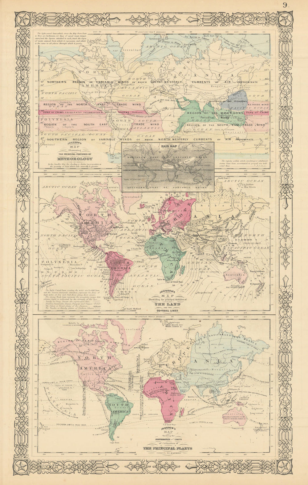 World Meteorology. Land features. Co-tidal Lines. Agriculture. JOHNSON 1866 map