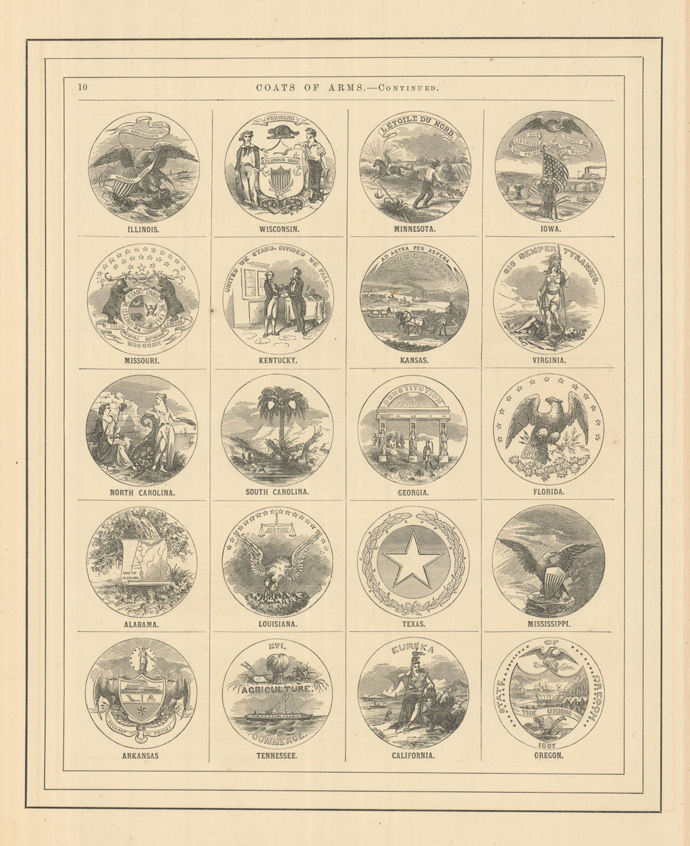 US States Arms. IL WI MN IA MO KY KS VA NC SC GA FL AL LA TX MS AR TN CA OR 1866