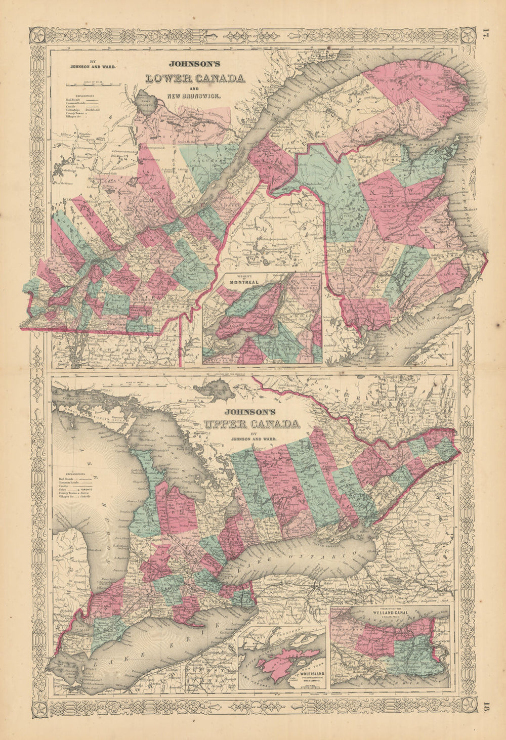 Johnson's Lower Canada & New Brunswick. Upper Canada. Great Lakes 1866 old map