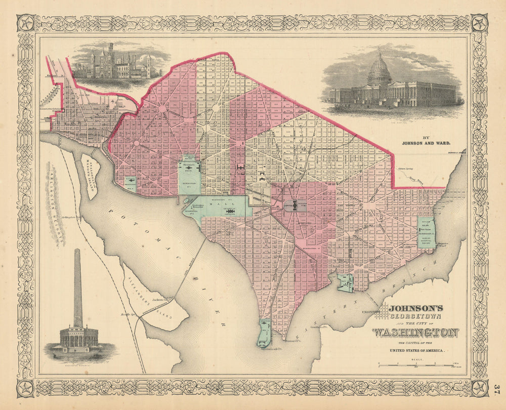 Johnson's Georgetown and the City of Washington DC 1866 old antique map chart