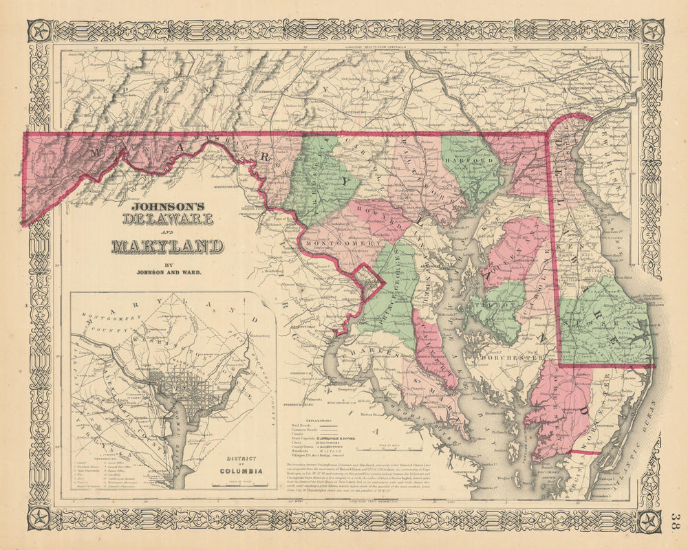 Johnson's Delaware, Maryland & District of Columbia. Counties 1866 old map