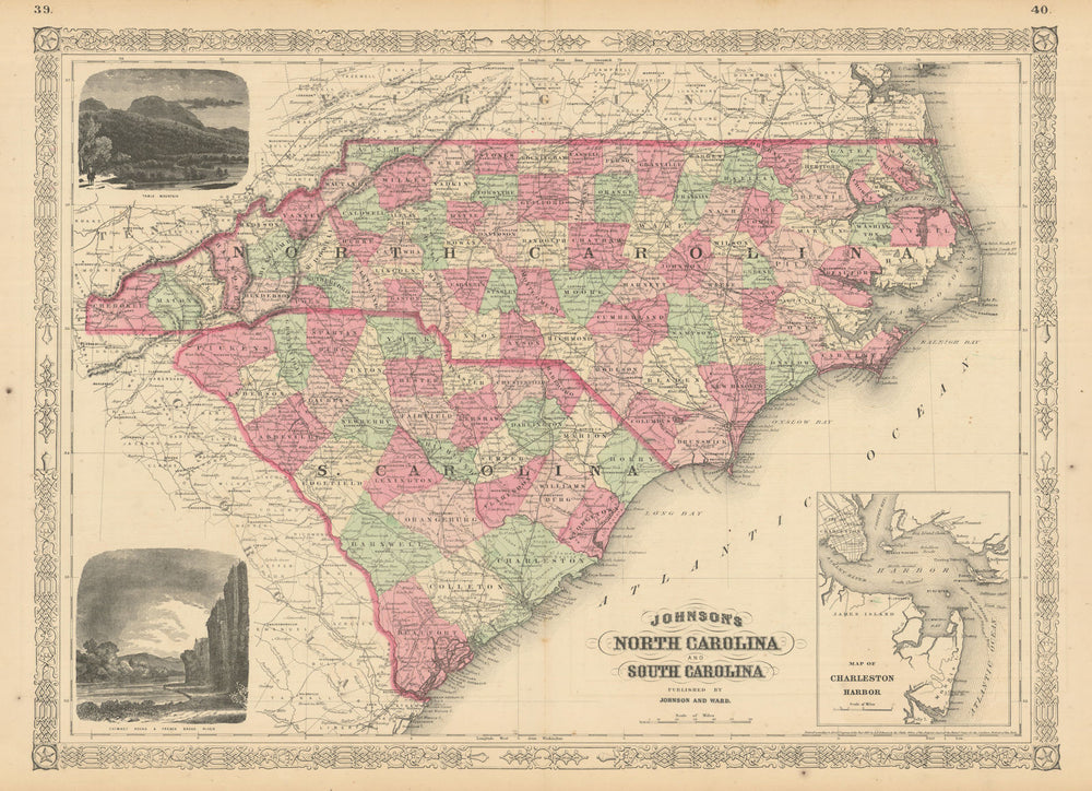 Johnson's North & South Carolina showing counties. Charleston 1866 old map