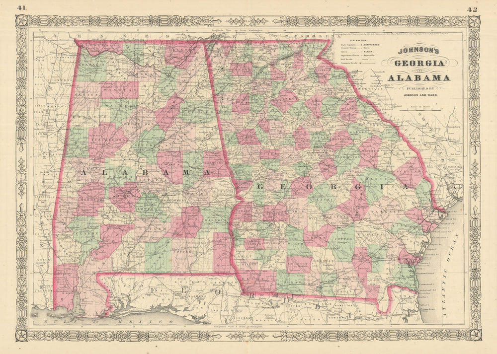 Johnson's Georgia & Alabama. US state map showing counties 1866 old
