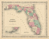 Johnson's Florida. Florida Keys. US state map showing counties 1866 old