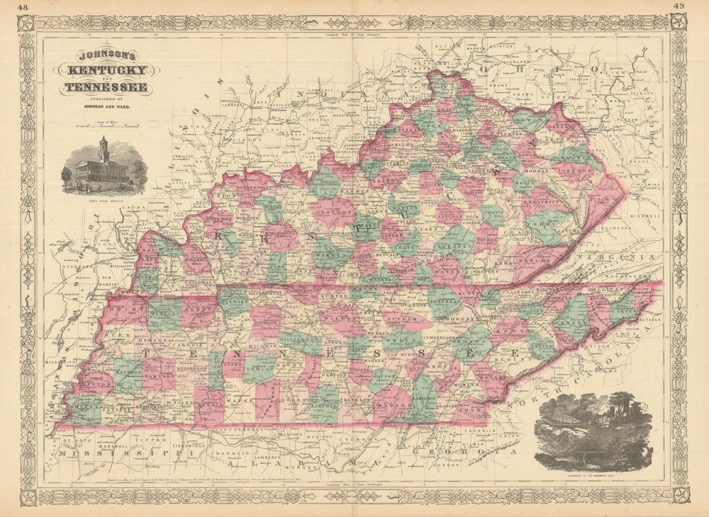 Johnson's Kentucky and Tennessee. US state map showing counties 1866 old