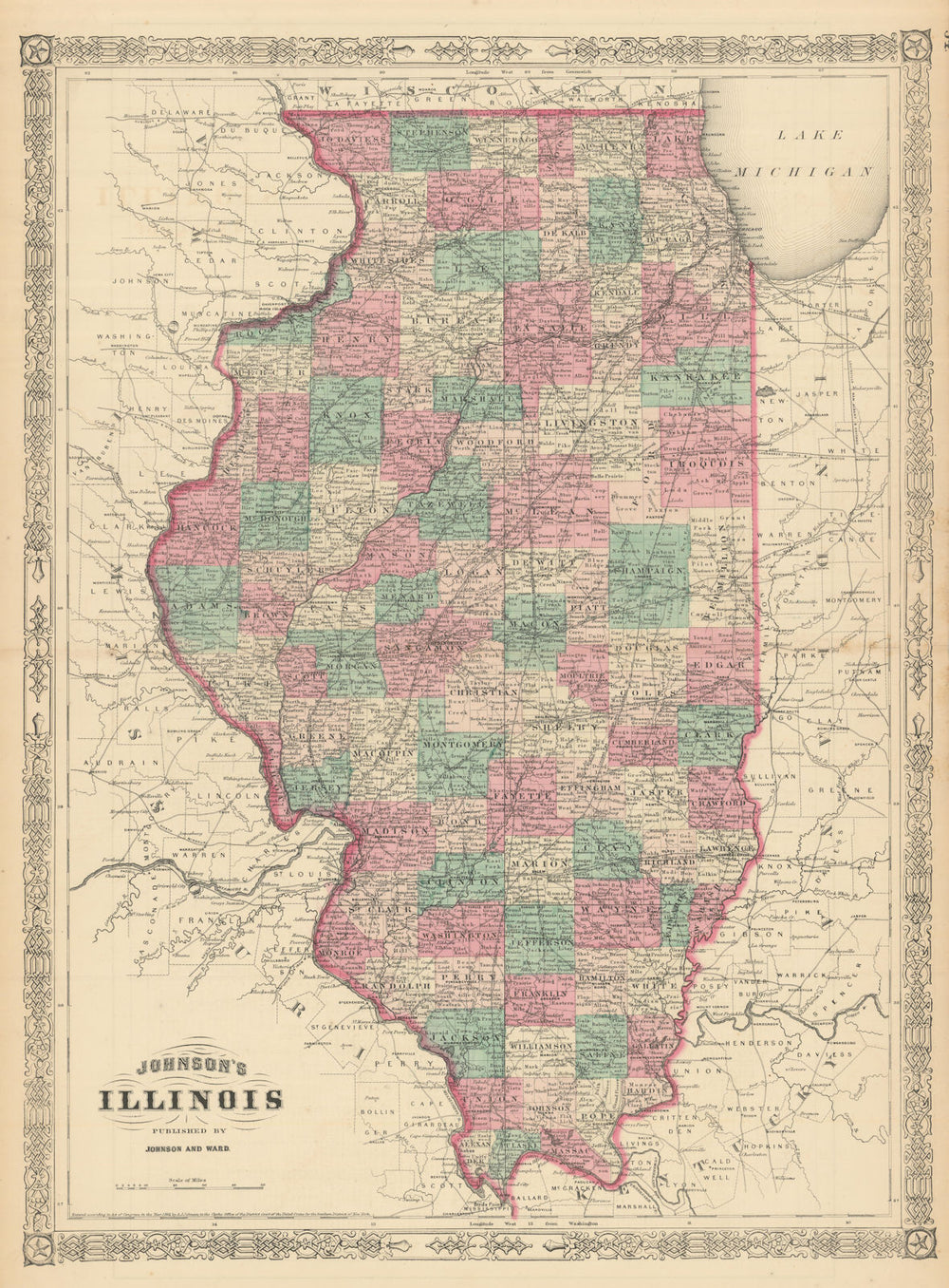 Johnson's Illinois. US state map showing counties 1866 old antique chart