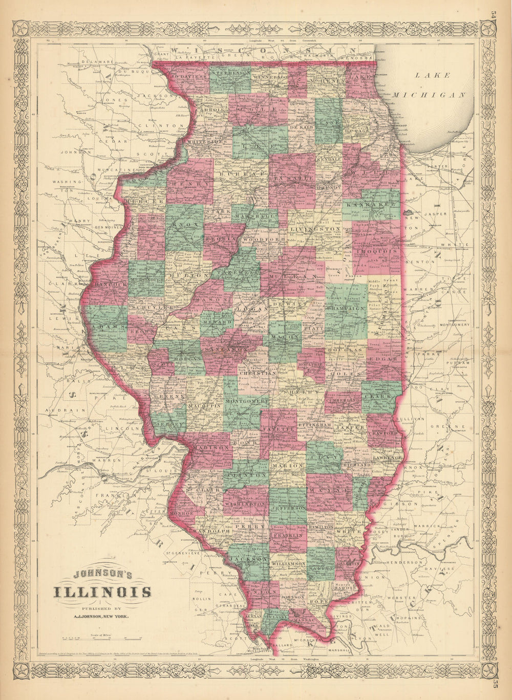 Johnson's Illinois. US state map showing counties 1866 old antique chart