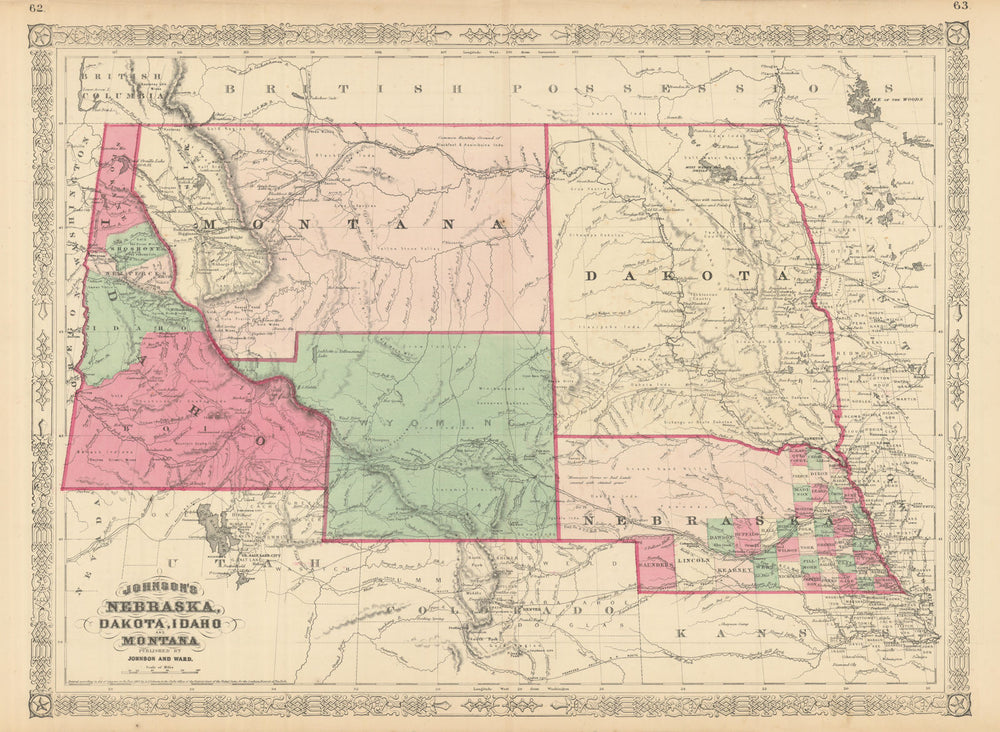 Johnson's Nebraska, Dakota, Idaho and Montana. Wyoming 1866 old antique map
