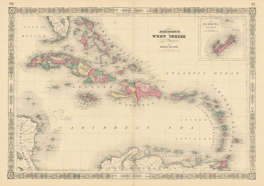 Johnson's West Indies. Bermuda Islands. Caribbean Bahamas Antilles 1866 map