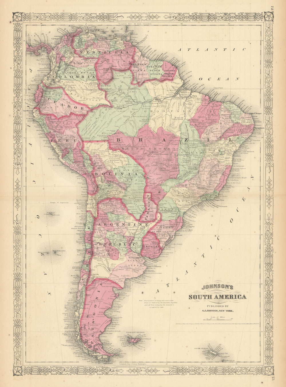 Johnson's South America. Bolivia with Littoral. Patagonia 1866 old antique map