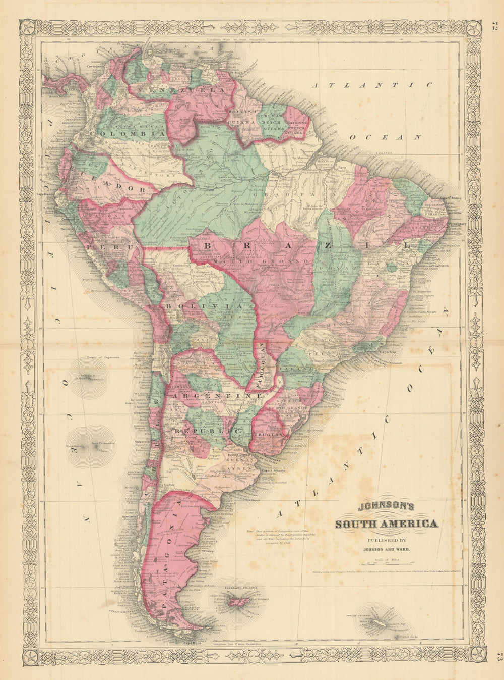 Johnson's South America. Bolivia with Littoral. Patagonia 1866 old antique map