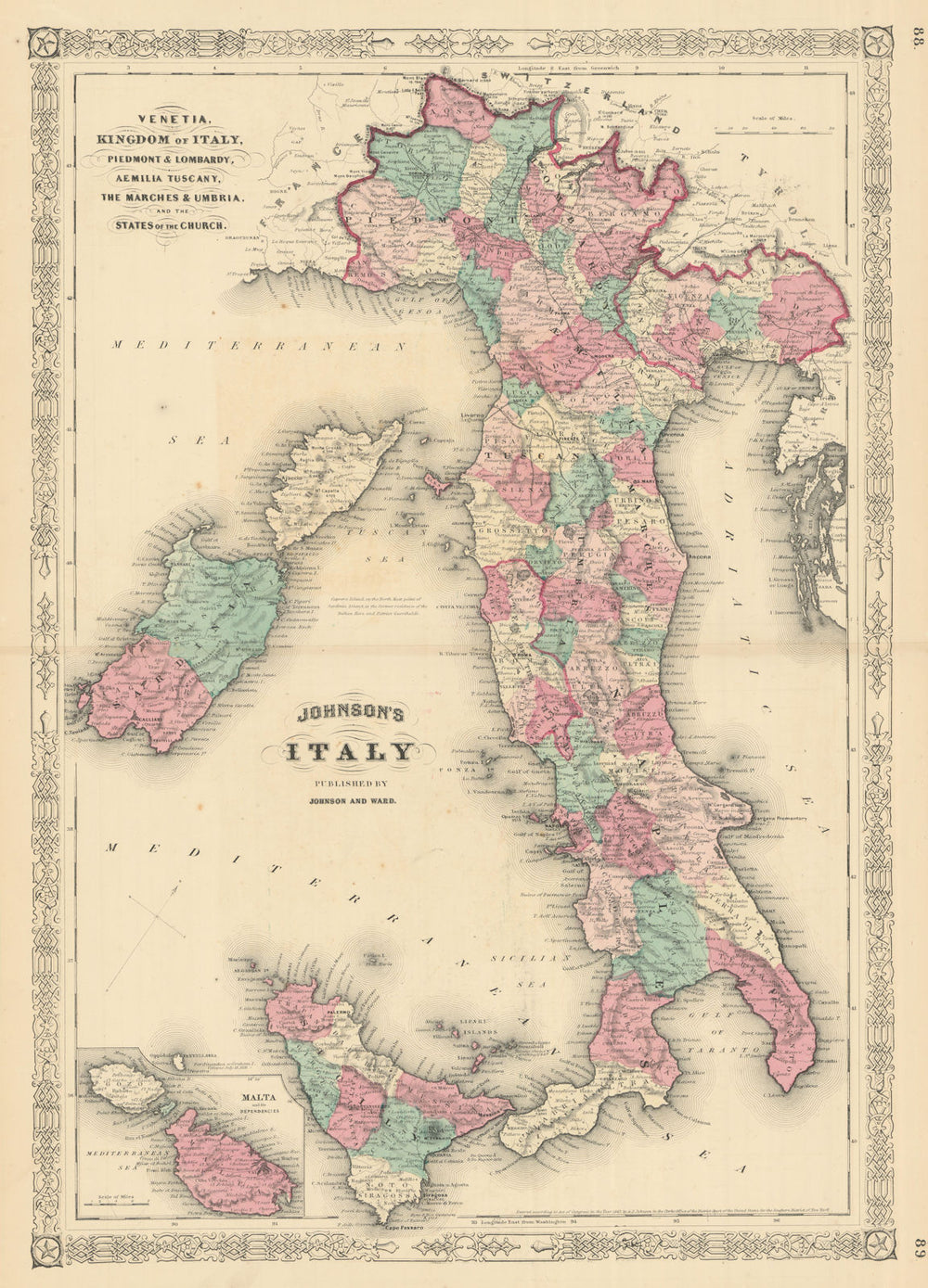 Johnson's Italy. Unusual North-west orientation. Venetia Piedmont 1866 old map