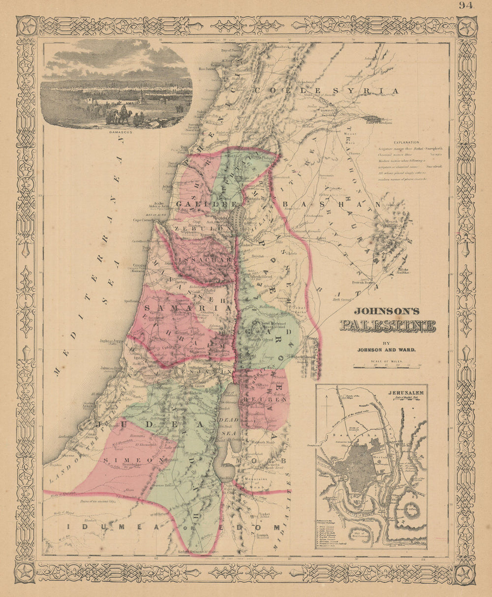 Johnson's Palestine. Jerusalem Damascus. 12 tribes of Israel. Holy Land 1866 map