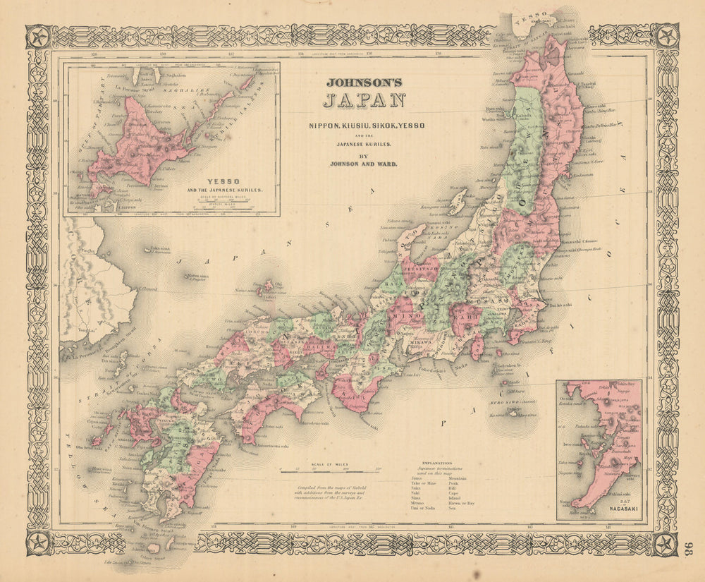 Johnson's Japan, Nippon, Kiusiu, Sikok, Yesso & Kuriles. Nagasaki Bay 1866 map