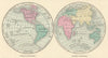 World. Western Hemisphere & Eastern Hemispheres. JOHNSON 1861 old antique map