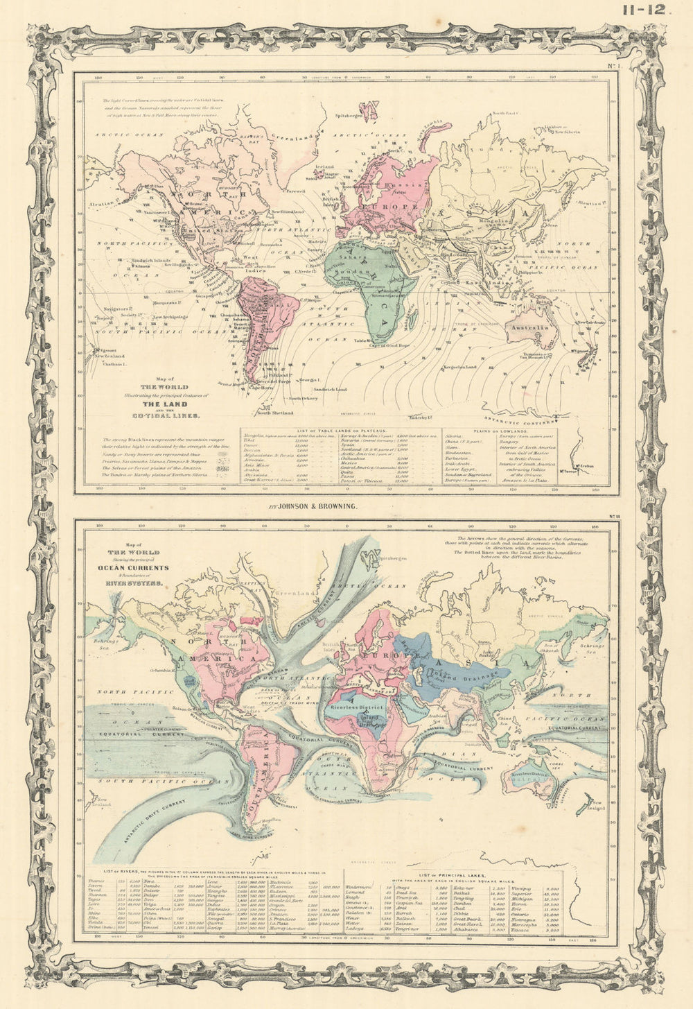 World Land features. Co-tidal Lines. Ocean currents. Watersheds JOHNSON 1861 map