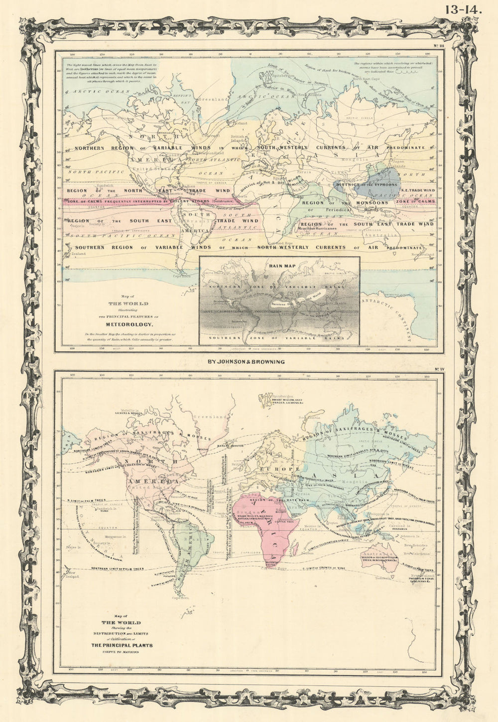 World Meteorology. Agriculture. Plant cultivation. JOHNSON 1861 old map