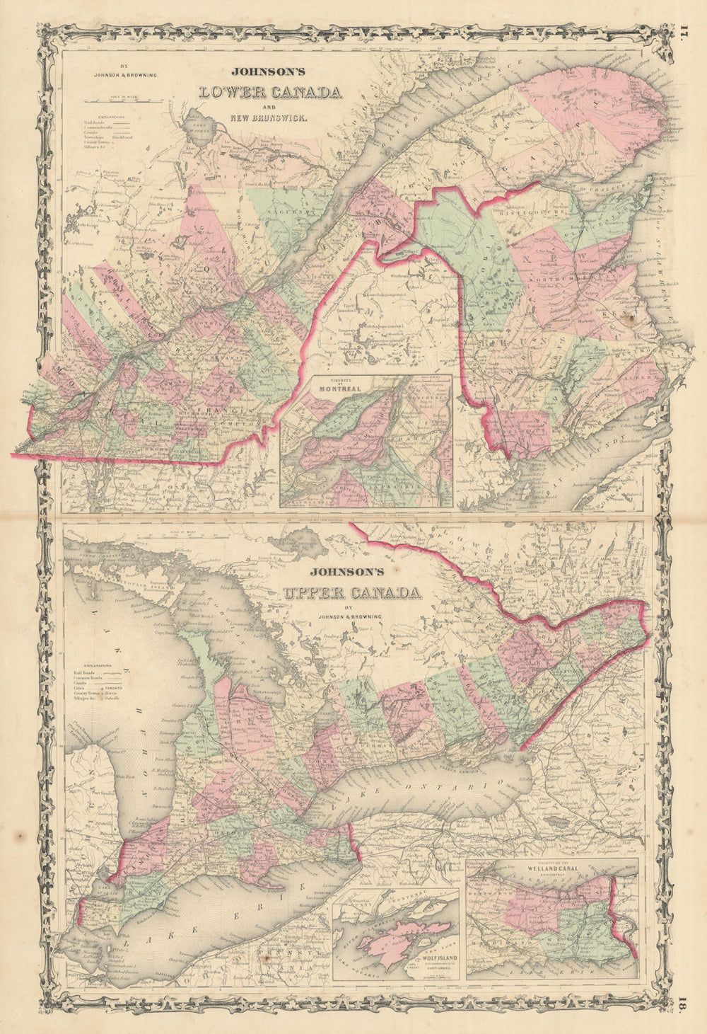 Johnson's Lower Canada & New Brunswick. Upper Canada. Great Lakes 1861 old map