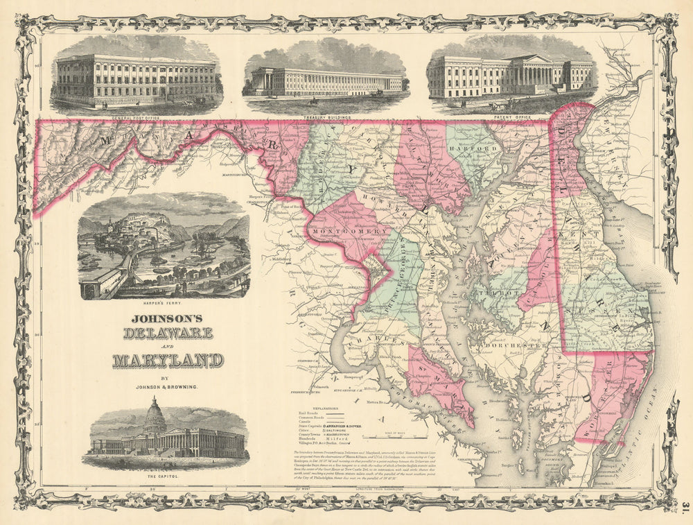 Johnson's Delaware & Maryland. District of Columbia. Counties 1861 old map