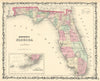 Johnson's Florida. Florida Keys. US state map showing counties 1861 old
