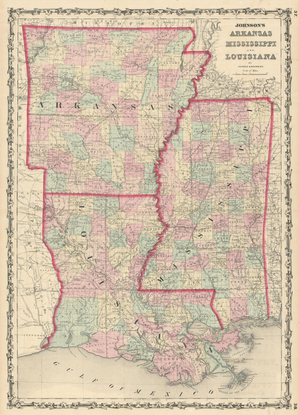 Johnson's Arkansas, Mississippi & Louisiana showing counties/parishes 1861 map