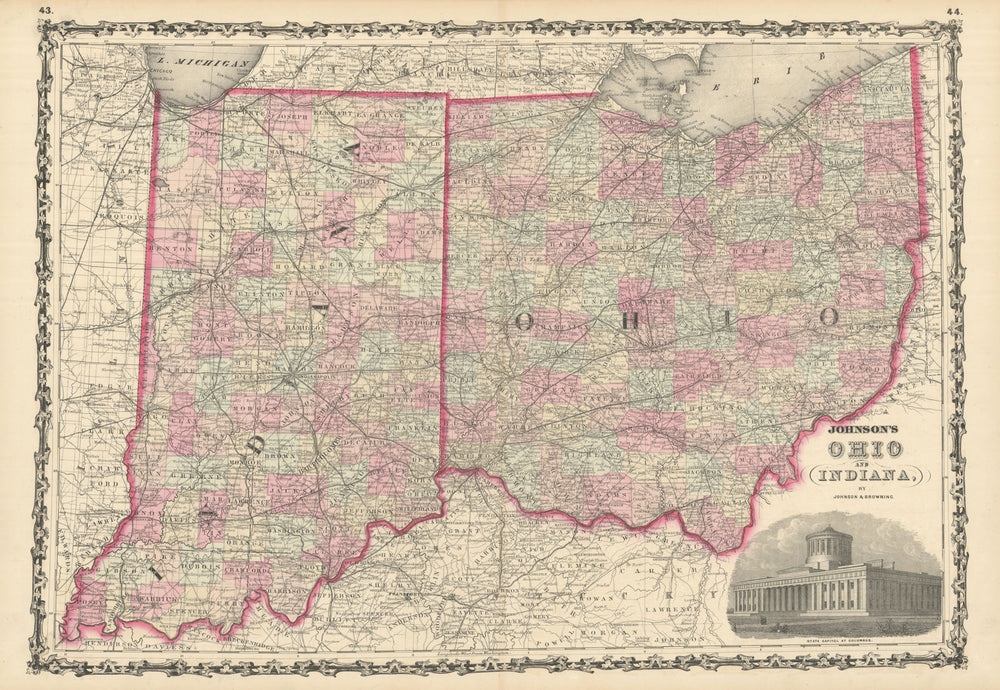 Johnson's Ohio & Indiana. US state map showing counties 1861 old antique