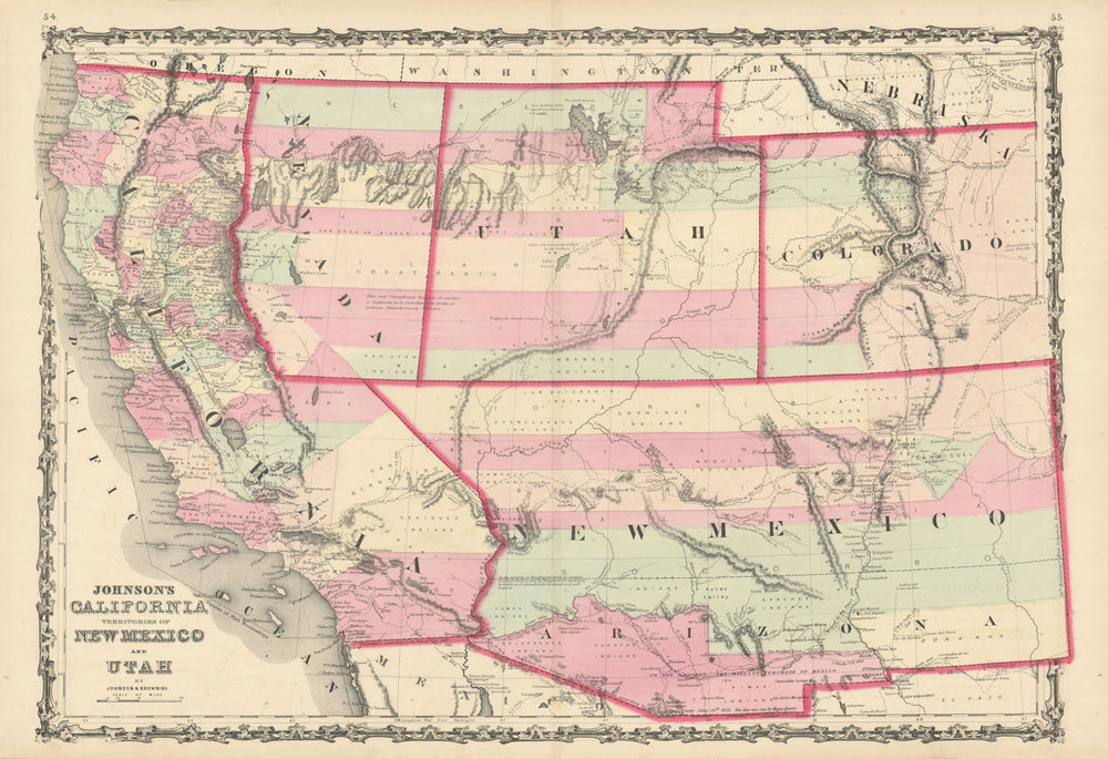 Johnson's California, Territories of New Mexico & Utah. Nevada CO AZ 1861 map