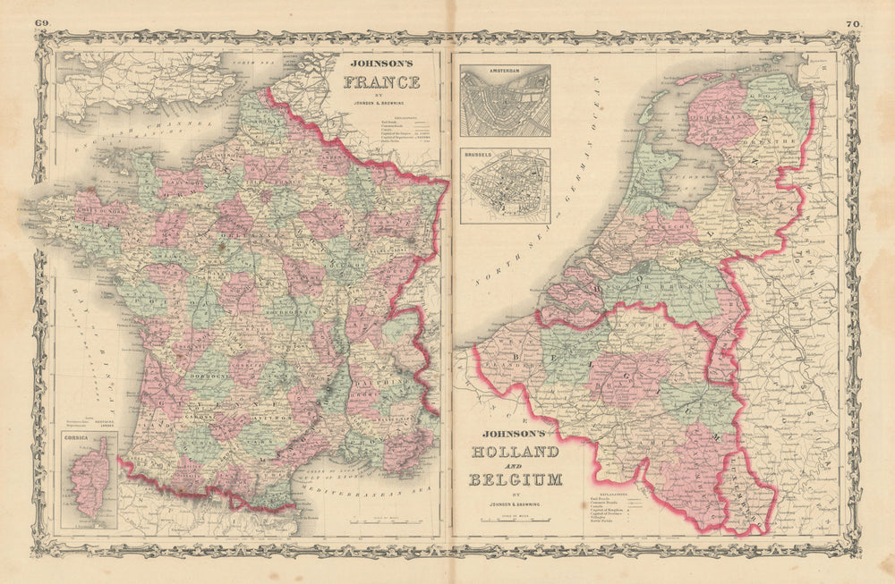 Johnson's France, Holland & Belgium. 2 maps on one sheet. Benelux 1861 old