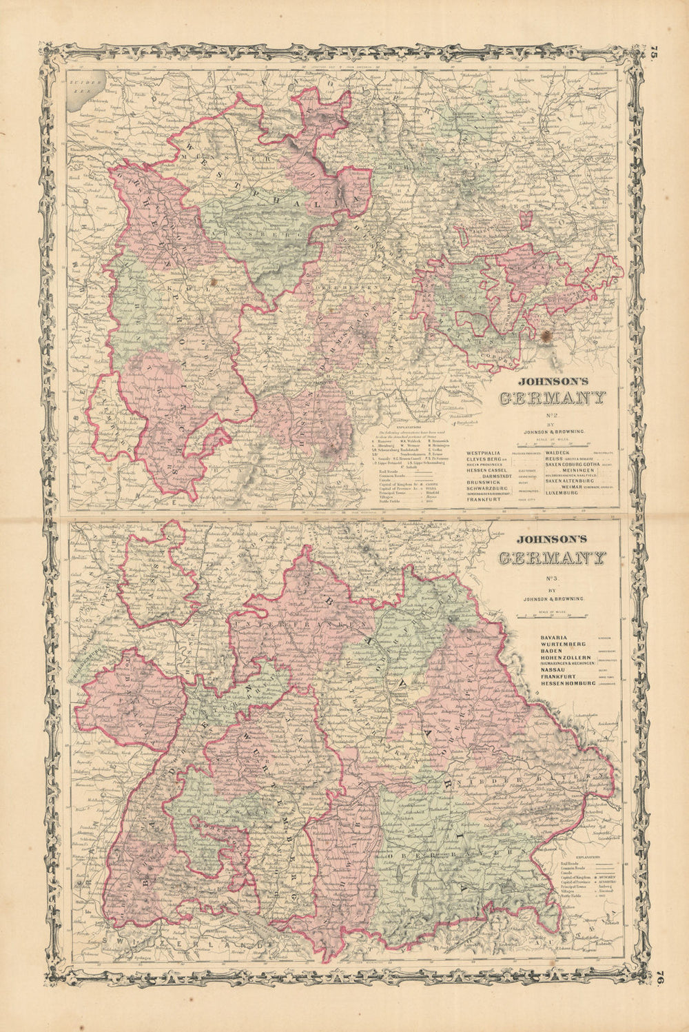 Johnson's Germany No. 2 & No. 3. South & Western Germany 1861 old antique map